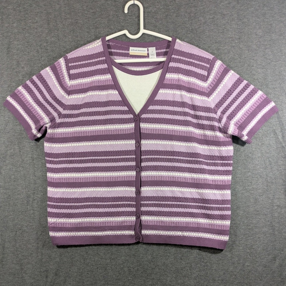 Alfred Dunner Purple White Striped‎ Short Sleeve Cardigan Sweater Size 3X